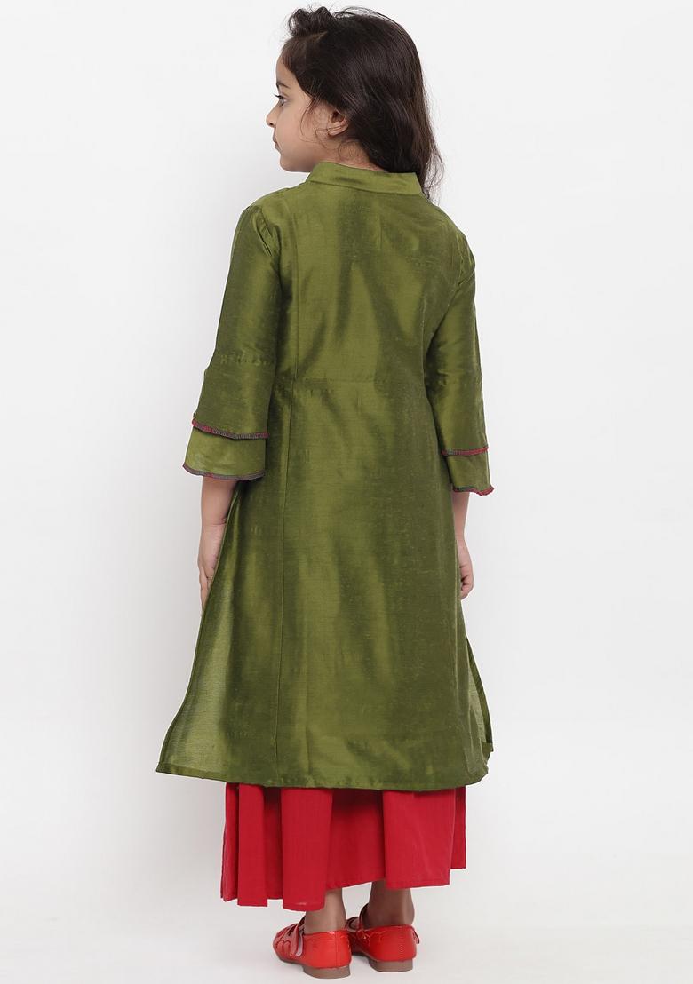 Mehandi Green Embroidered Dupion Silk Salwar Kameez For Girls