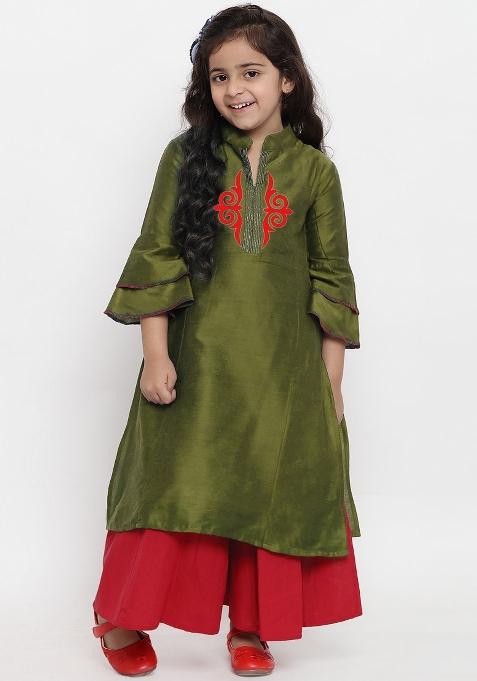 Mehandi Green Embroidered Dupion Silk Salwar Kameez For Girls