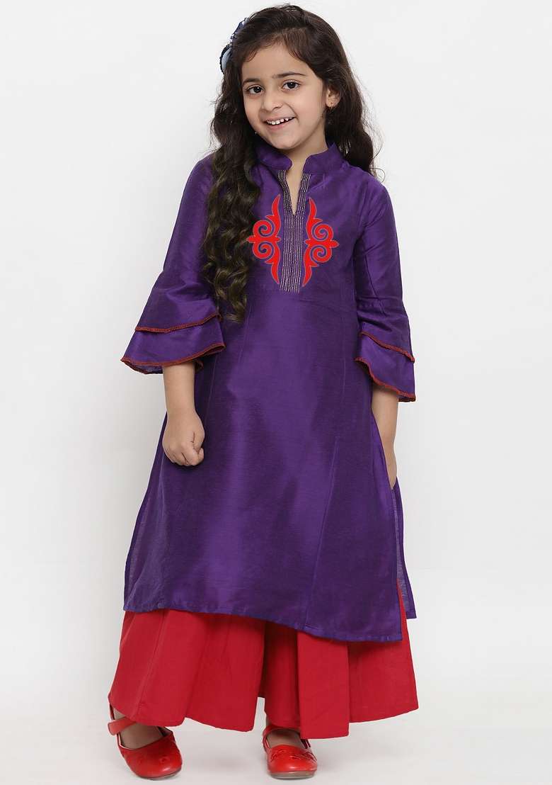 Violet Embroidered Dupion Silk Salwar Kameez For Girls - Indya
