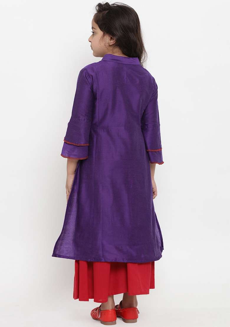 Violet Embroidered Dupion Silk Salwar Kameez For Girls - Indya