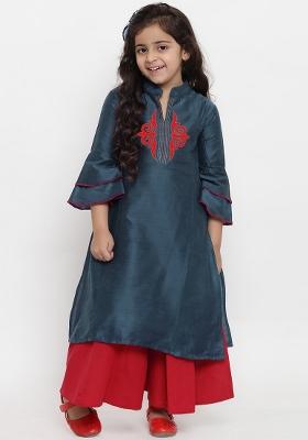 Blues Grey Embroidered Dupion Silk Salwar Kameez For Girls