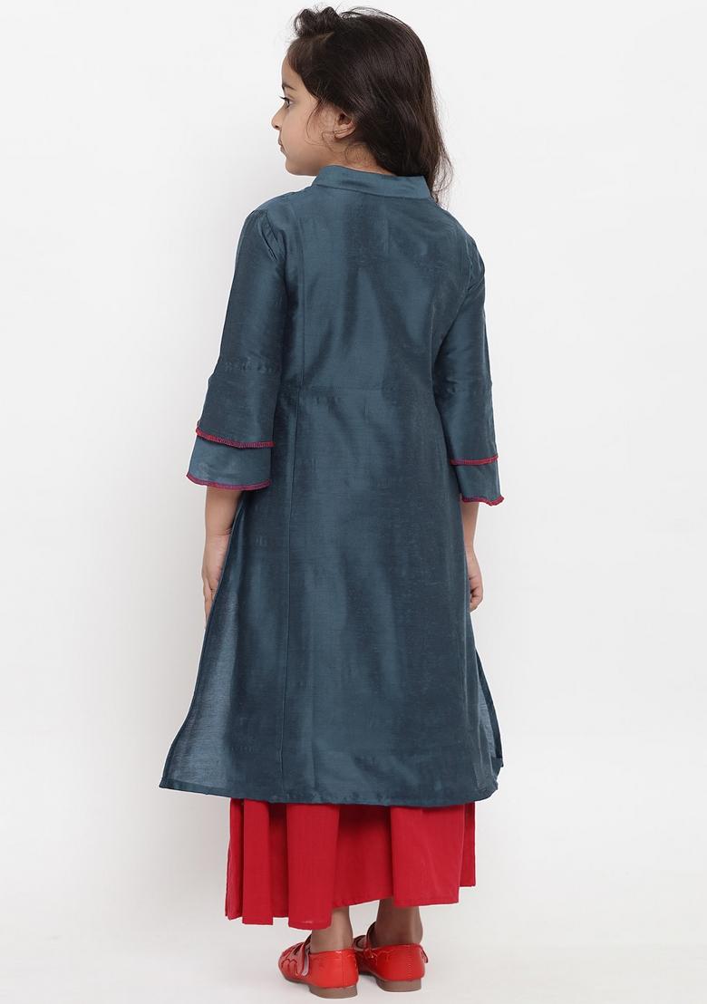 Blues Grey Embroidered Dupion Silk Salwar Kameez For Girls - Indya