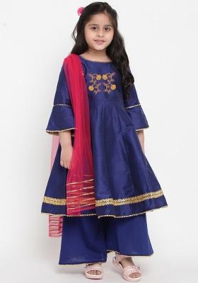 Navy Blue Embroidered Dupion Silk Salwar Kameez With Dupatta For Girls