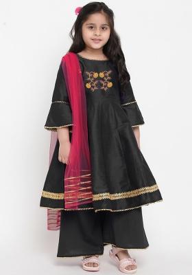 Black Embroidered Dupion Silk Salwar Kameez With Dupatta For Girls