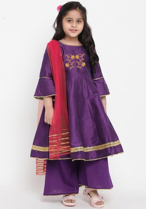 Violet Embroidered Dupion Silk Salwar Kameez With Dupatta For Girls