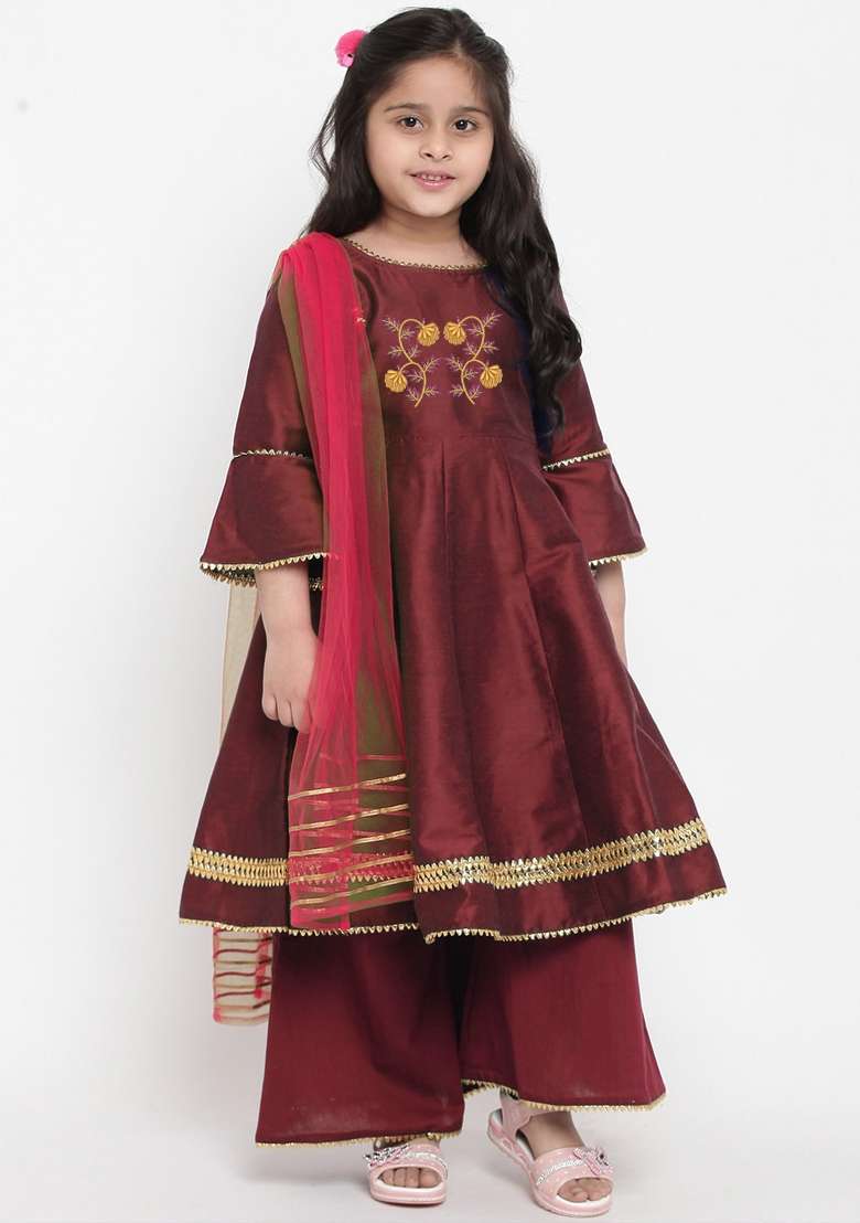 Dark Maroon Embroidered Dupion Silk Salwar Kameez With Dupatta For Girls - Indya