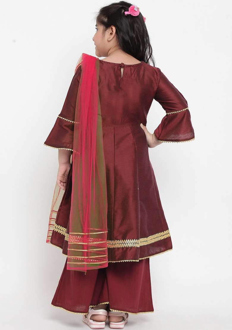 Dark Maroon Embroidered Dupion Silk Salwar Kameez With Dupatta For Girls - Indya