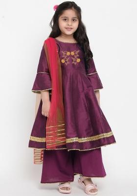 Purple Embroidered Dupion Silk Salwar Kameez With Dupatta For Girls
