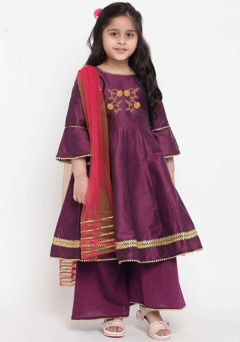 Purple Embroidered Dupion Silk Salwar Kameez With Dupatta For Girls - Indya