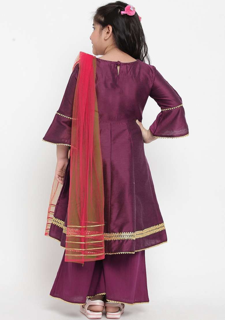 Purple Embroidered Dupion Silk Salwar Kameez With Dupatta For Girls - Indya