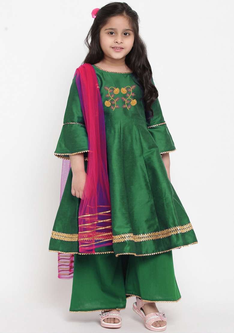 Green Embroidered Dupion Silk Salwar Kameez With Dupatta For Girls - Indya