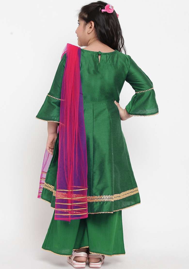 Green Embroidered Dupion Silk Salwar Kameez With Dupatta For Girls - Indya
