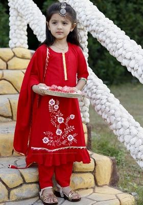 Red Embroidered Cotton Salwar Kameez With Dupatta For Girls