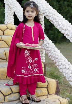 Dark Pink Embroidered Cotton Salwar Kameez With Dupatta For Girls