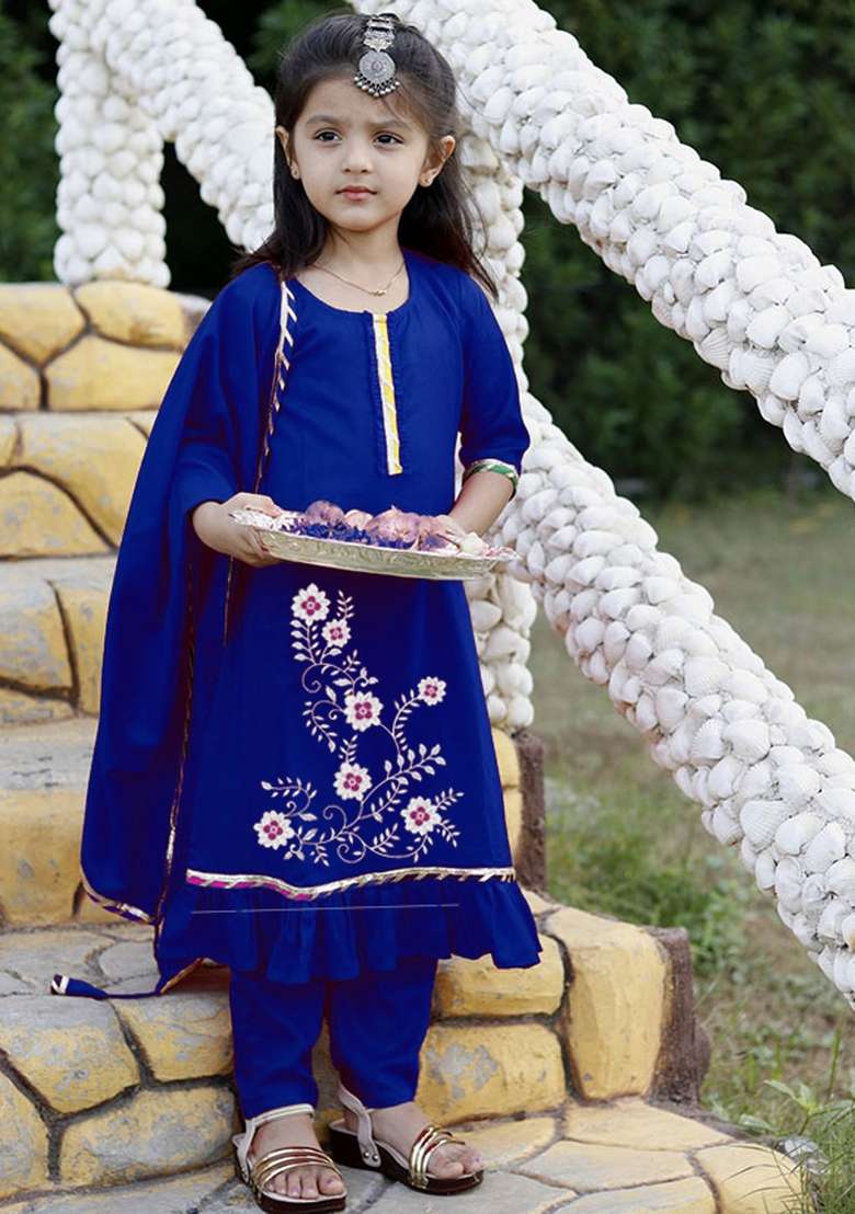 Royal Blue Embroidered Cotton Salwar Kameez With Dupatta For Girls - Indya