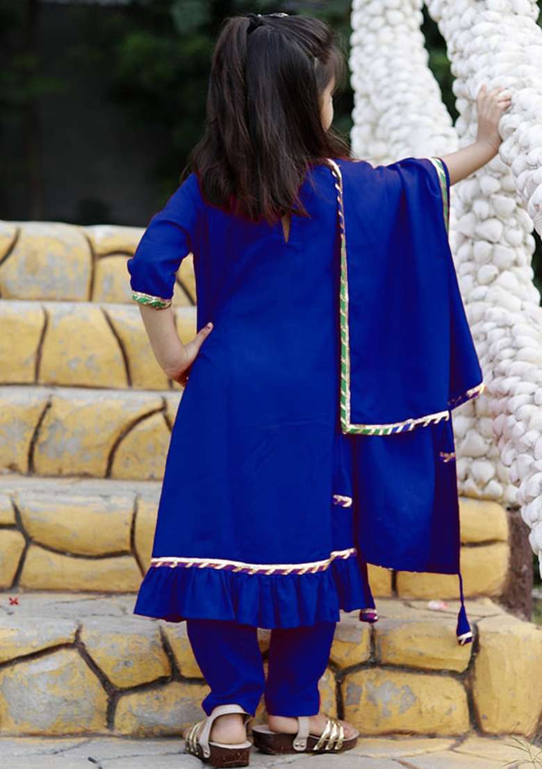 Royal Blue Embroidered Cotton Salwar Kameez With Dupatta For Girls - Indya