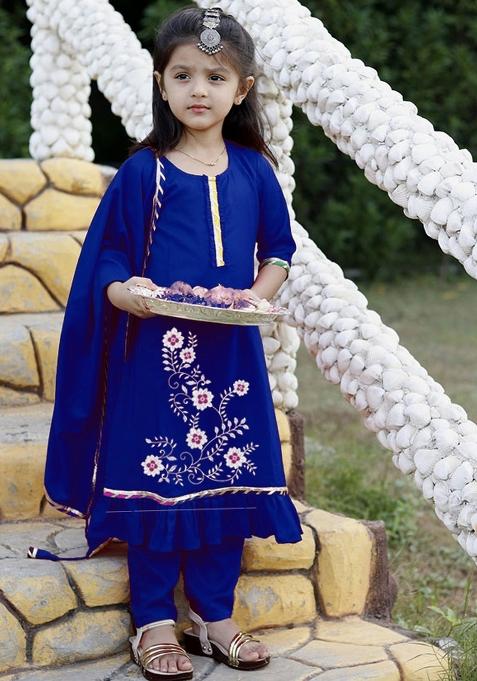 Royal Blue Embroidered Cotton Salwar Kameez With Dupatta For Girls
