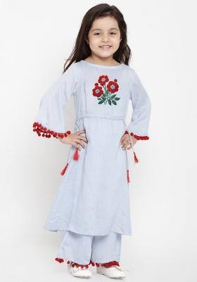 Light Blue Embroidered Cotton Rayon Salwar Kameez For Girls