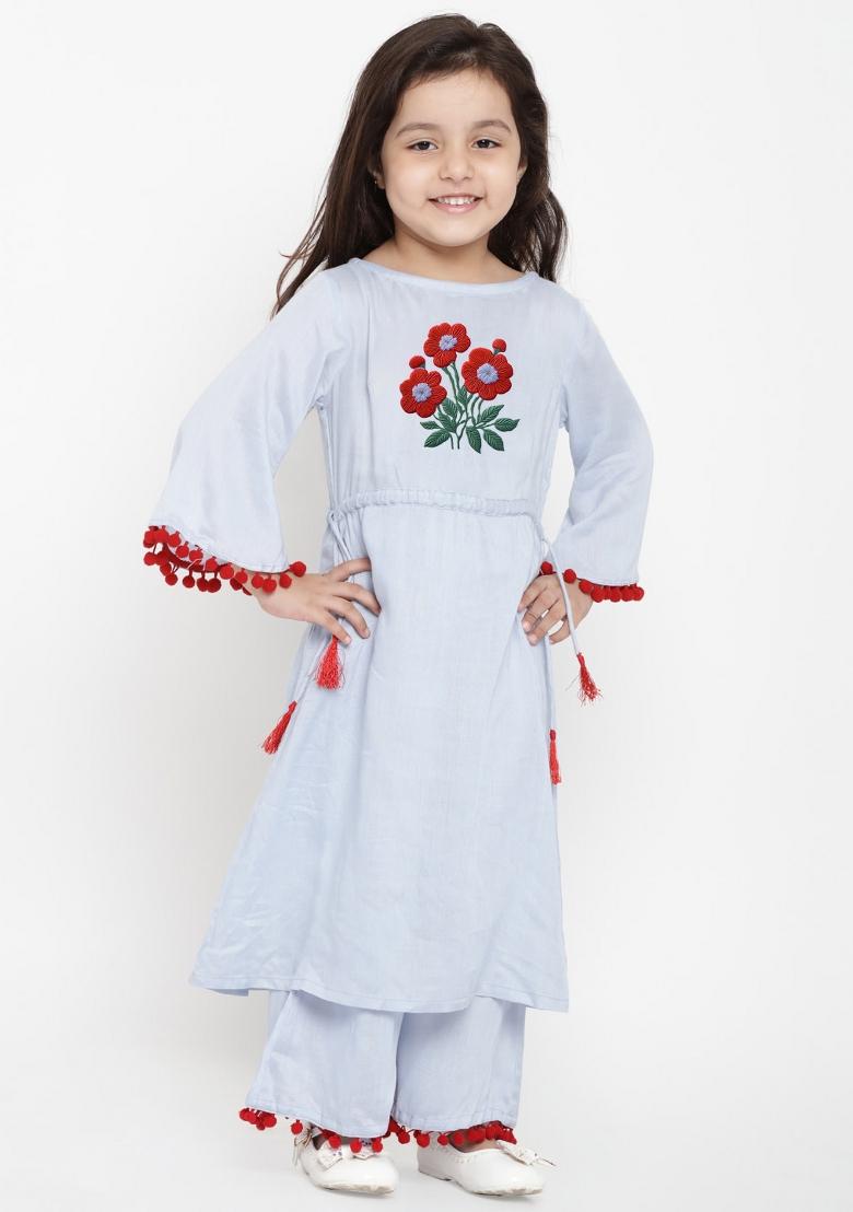 Light Blue Embroidered Cotton Rayon Salwar Kameez For Girls