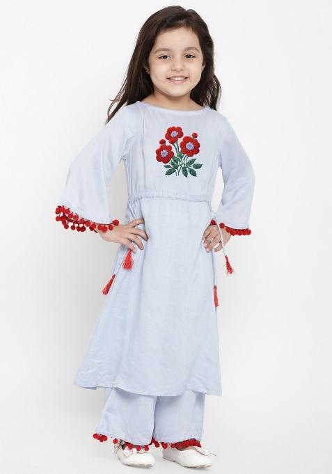 Light Blue Embroidered Cotton Rayon Salwar Kameez For Girls