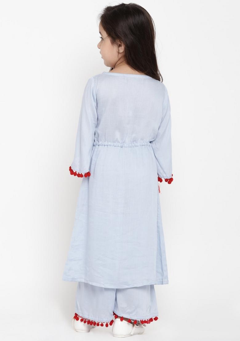 Light Blue Embroidered Cotton Rayon Salwar Kameez For Girls