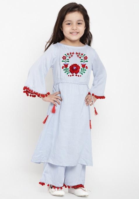 Light Blue Embroidered Cotton Rayon Salwar Kameez For Girls