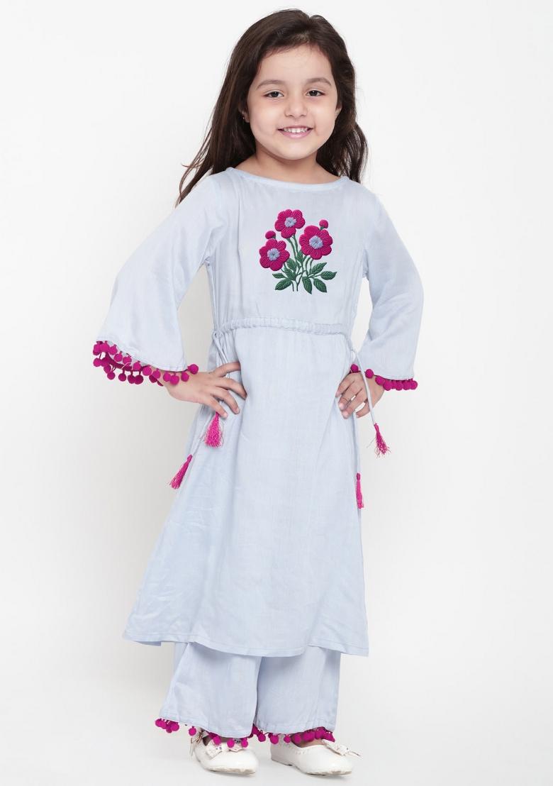 Light Blue Embroidered Cotton Rayon Salwar Kameez For Girls