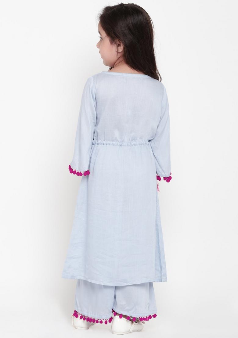 Light Blue Embroidered Cotton Rayon Salwar Kameez For Girls