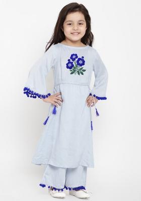 Light Blue Embroidered Cotton Rayon Salwar Kameez For Girls