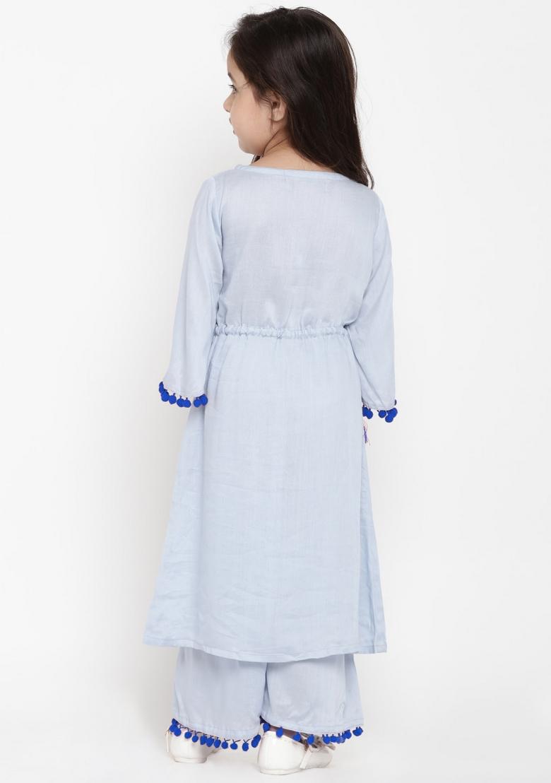 Light Blue Embroidered Cotton Rayon Salwar Kameez For Girls