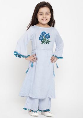 Light Blue Embroidered Cotton Rayon Salwar Kameez For Girls