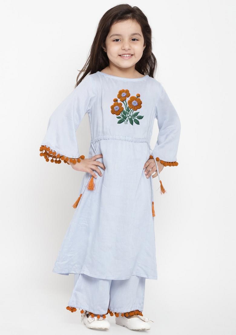 Light Blue Embroidered Cotton Rayon Salwar Kameez For Girls