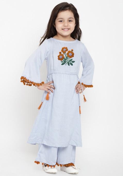 Light Blue Embroidered Cotton Rayon Salwar Kameez For Girls
