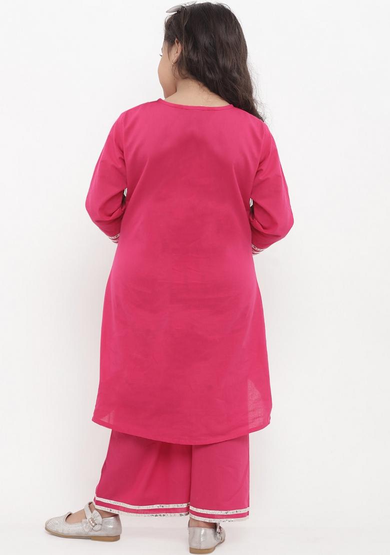 Dark Pink Embroidered Cotton Rayon Salwar Kameez For Girls