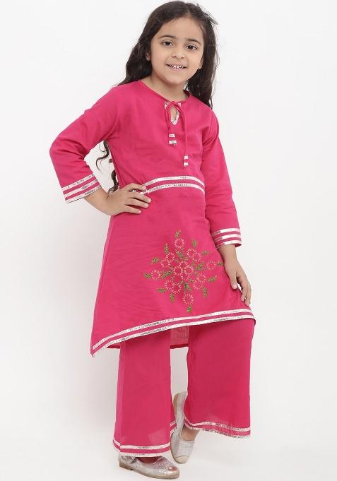 Dark Pink Embroidered Cotton Rayon Salwar Kameez For Girls