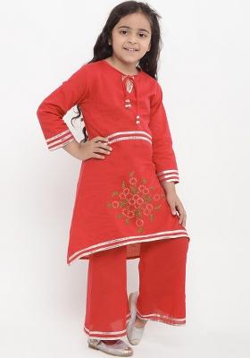 Red Embroidered Cotton Rayon Salwar Kameez For Girls
