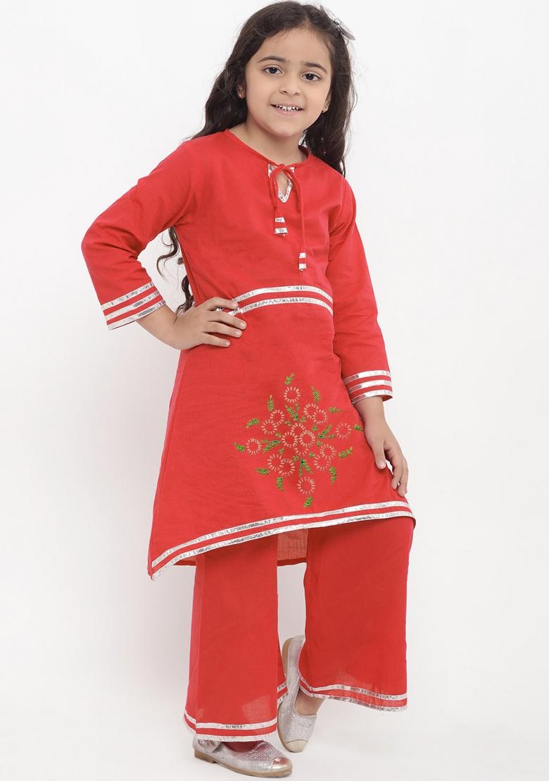 Red Embroidered Cotton Rayon Salwar Kameez For Girls