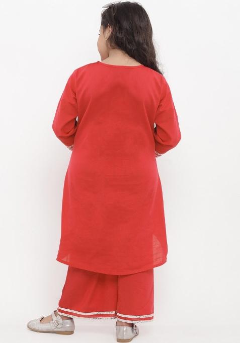 Red Embroidered Cotton Rayon Salwar Kameez For Girls