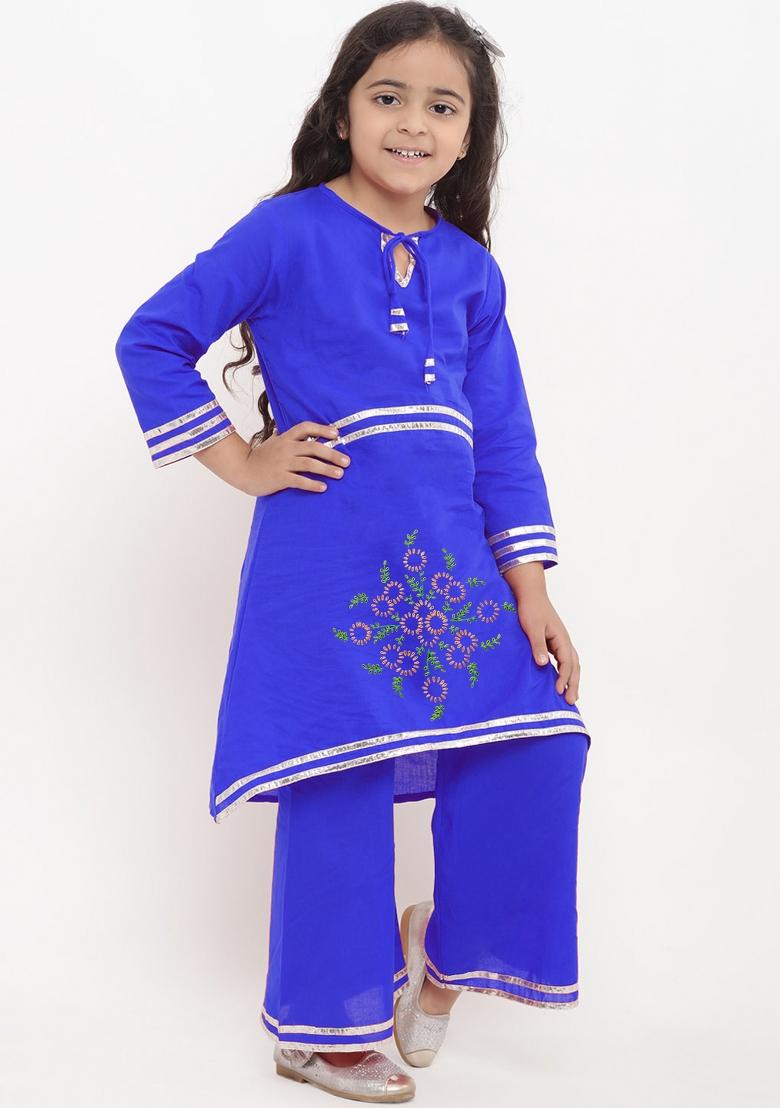 Royal Blue Embroidered Cotton Rayon Salwar Kameez For Girls
