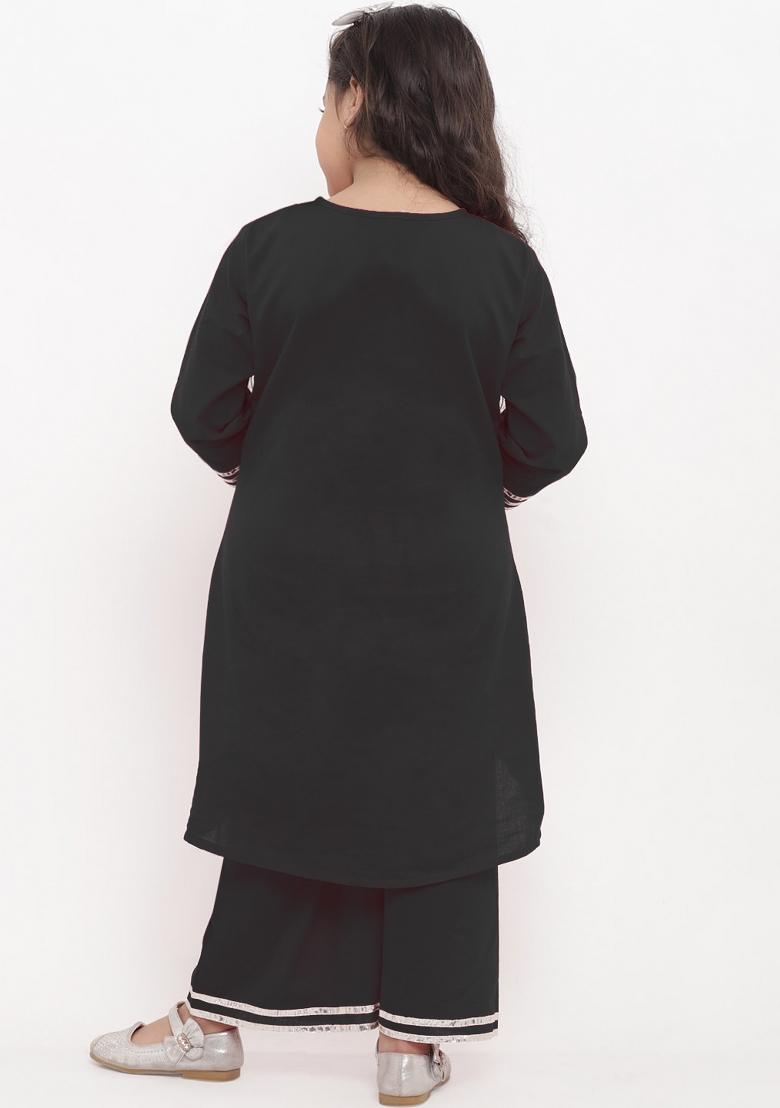 Black Embroidered Cotton Rayon Salwar Kameez For Girls