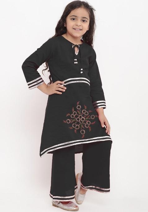 Black Embroidered Cotton Rayon Salwar Kameez For Girls