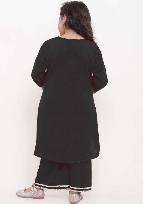 Black Embroidered Cotton Rayon Salwar Kameez For Girls