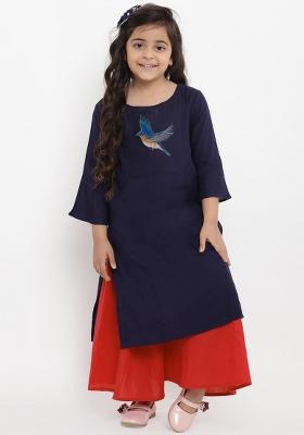 Navy Blue Embroidered Cotton Rayon Salwar Kameez For Girls