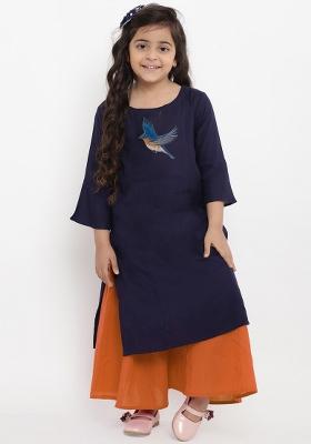 Navy Blue Embroidered Cotton Rayon Salwar Kameez For Girls