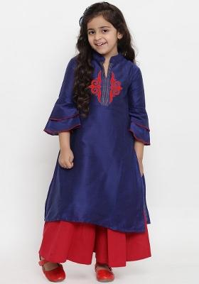 Navy Blue Embroidered Dupion Silk Salwar Kameez For Girls