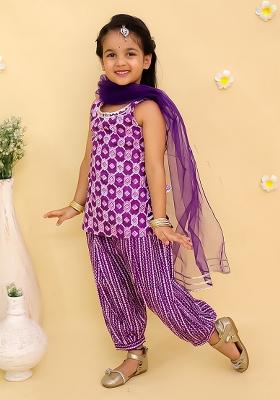 Purple Printed Cotton Kurta Set For Girls