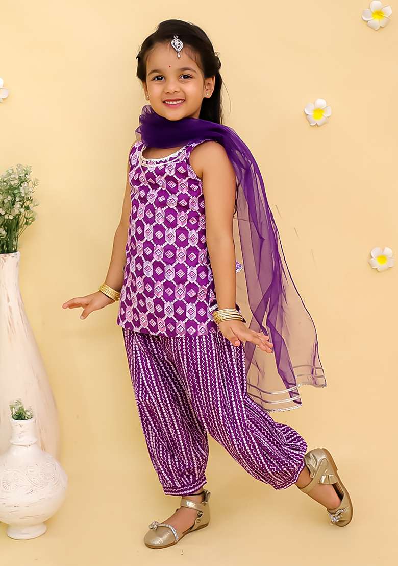 Purple Printed Cotton Kurta Set For Girls - Indya