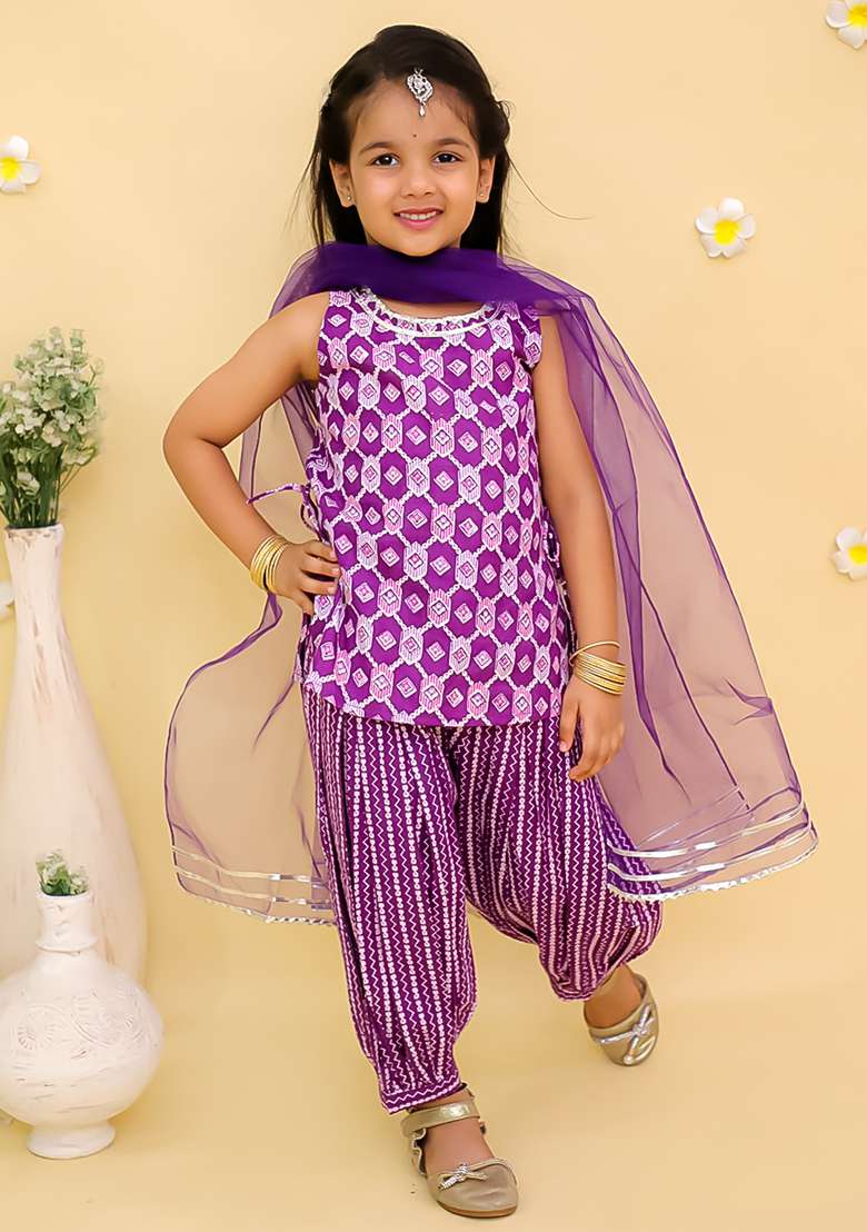 Purple Printed Cotton Kurta Set For Girls - Indya