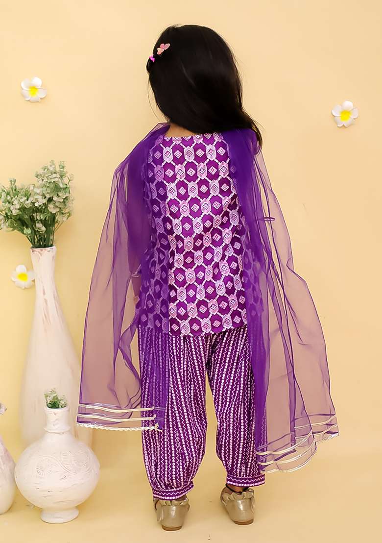 Purple Printed Cotton Kurta Set For Girls - Indya
