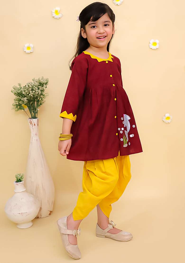 Maroon Embroidered Cotton Kurta Set For Girls - Indya